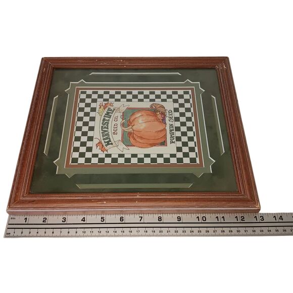 VTG Barbara Mock Pumpkin Print Matted  Framed Green Orange Black & White Checks - Picture 5 of 16